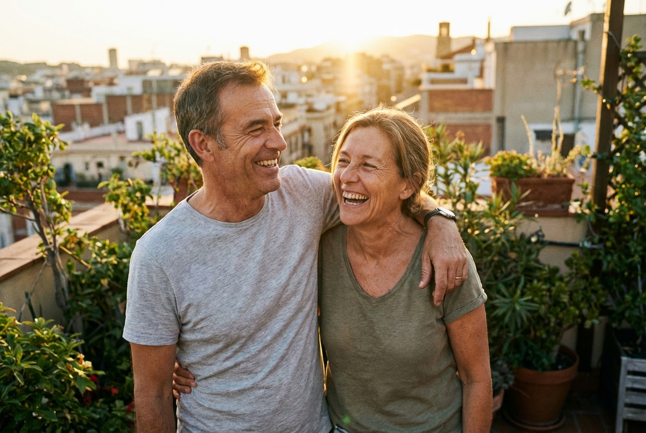 Couple on rooftop at golden hour