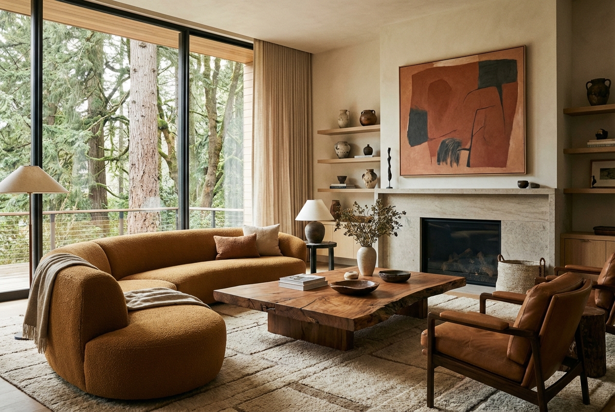 Luxury living room forest view