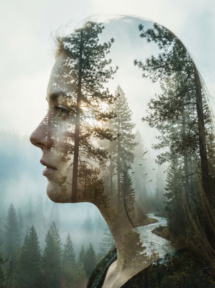 Woman profile merged with pine forest
