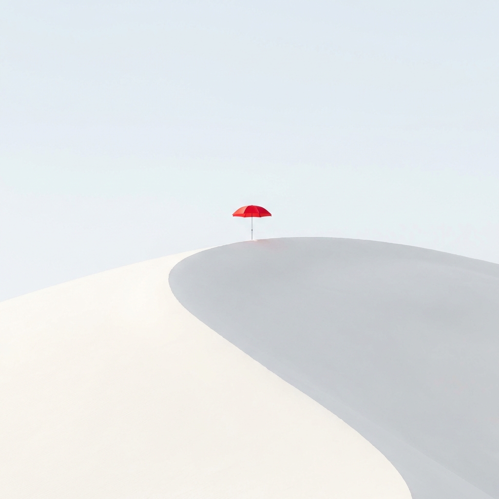 Red umbrella on white sand dunes