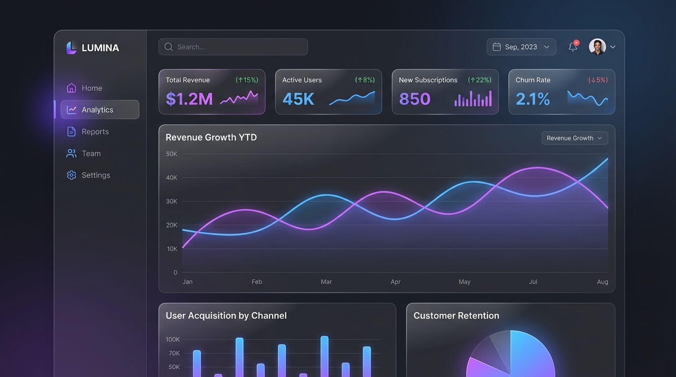 SaaS analytics dashboard dark UI