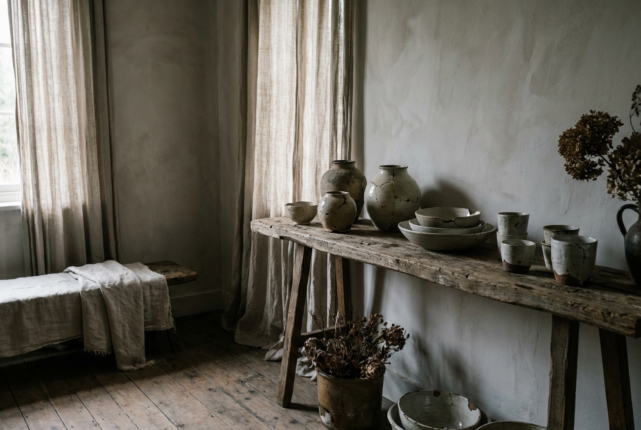 Serene wabi-sabi ceramics on shelf